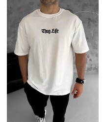 Unisex Bisiklet Yaka Baskılı Oversize T-Shirt - Beyaz