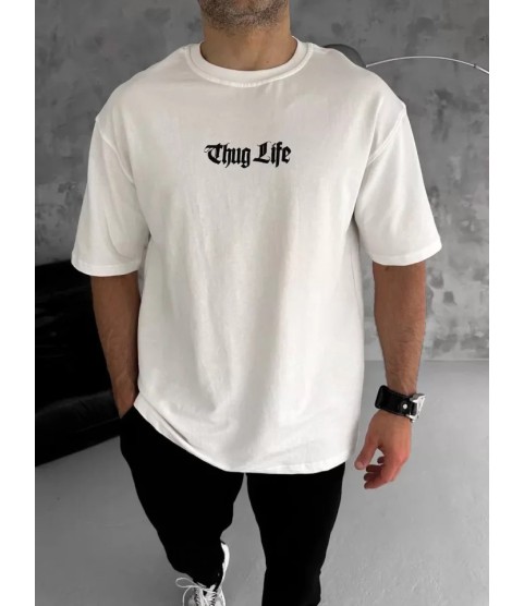 Unisex Bisiklet Yaka Baskılı Oversize T-Shirt - Beyaz