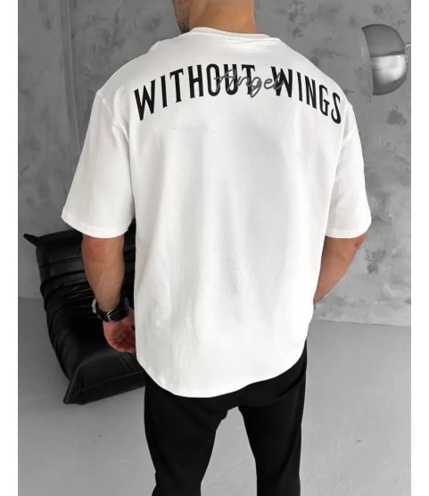 Unisex Bisiklet Yaka Baskılı Oversize T-Shirt - Beyaz
