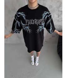 Unisex Bisiklet Yaka Baskılı Oversize T-Shirt - Siyah