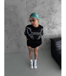Unisex Bisiklet Yaka Baskılı Oversize T-Shirt - Siyah