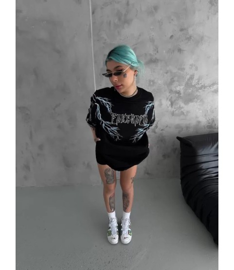 Unisex Bisiklet Yaka Baskılı Oversize T-Shirt - Siyah