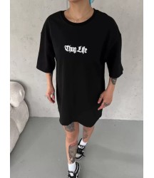 Unisex Bisiklet Yaka Baskılı Oversize T-Shirt - Siyah