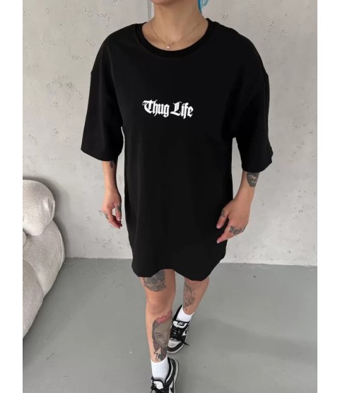Unisex Bisiklet Yaka Baskılı Oversize T-Shirt - Siyah