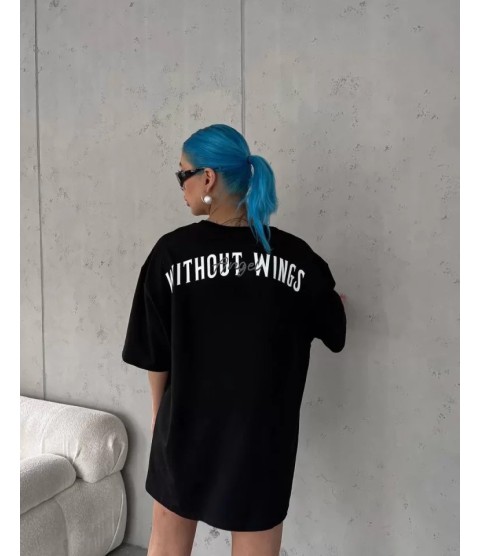 Unisex Bisiklet Yaka Baskılı Oversize T-Shirt - Siyah