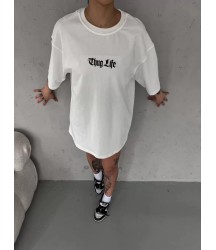 Unisex Bisiklet Yaka Baskılı Oversize T-Shirt - Beyaz