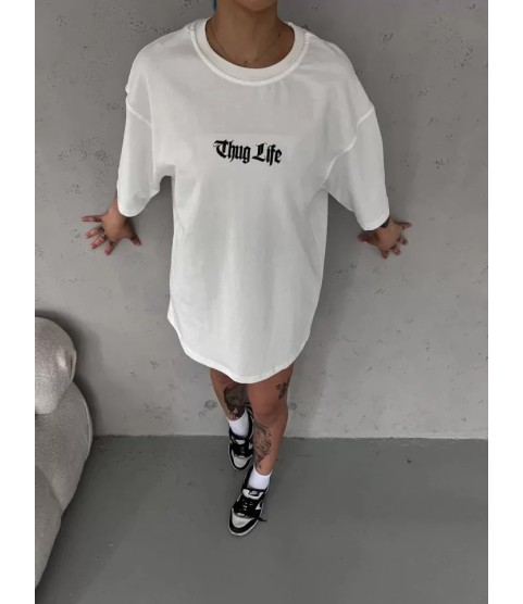 Unisex Bisiklet Yaka Baskılı Oversize T-Shirt - Beyaz