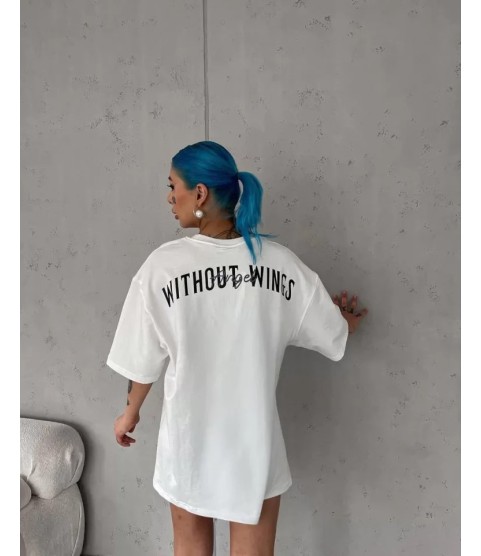 Unisex Bisiklet Yaka Baskılı Oversize T-Shirt - Beyaz