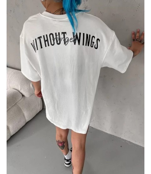 Unisex Bisiklet Yaka Baskılı Oversize T-Shirt - Beyaz