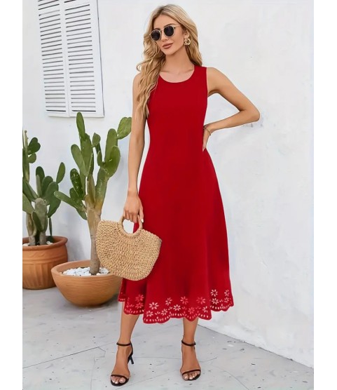Kadın Kolsuz Etek Ucu Lazer Kesim çiçek Desenli Midi Boy Ithal Krep Elbise
