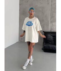 Unisex Bisiklet Yaka Baskılı Oversize T-Shirt - Beyaz