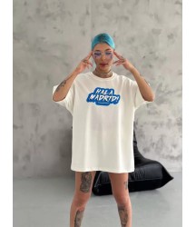 Unisex Bisiklet Yaka Baskılı Oversize T-Shirt - Beyaz
