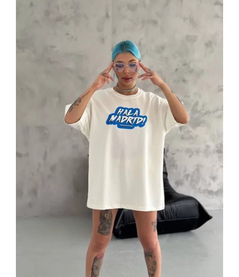 Unisex Bisiklet Yaka Baskılı Oversize T-Shirt - Beyaz