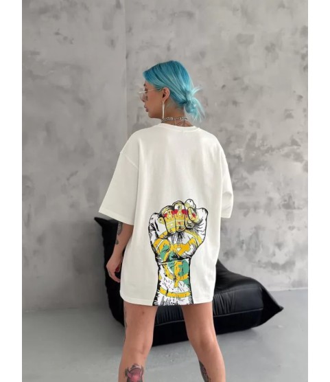 Unisex Bisiklet Yaka Baskılı Oversize T-Shirt - Beyaz