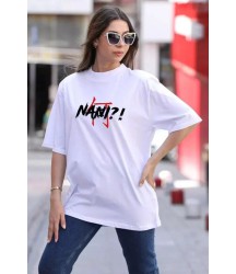 Unisex Bisiklet Yaka Baskılı Oversize T-Shirt - Beyaz