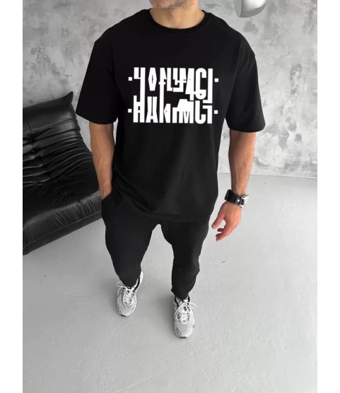 Unisex Bisiklet Yaka Katlanan Baskılı T-Shirt - Siyah