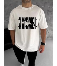 Unisex Bisiklet Yaka Katlanan Baskılı T-Shirt - Beyaz