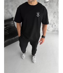 Unisex Bisiklet Yaka Baskılı Oversize T-Shirt - Siyah