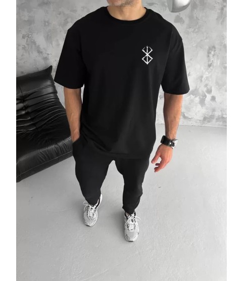 Unisex Bisiklet Yaka Baskılı Oversize T-Shirt - Siyah