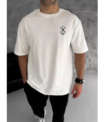 Unisex Bisiklet Yaka Baskılı Oversize T-Shirt - Beyaz