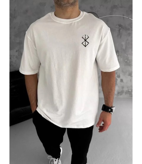 Unisex Bisiklet Yaka Baskılı Oversize T-Shirt - Beyaz