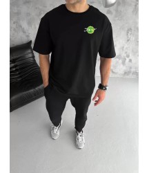 Unisex Bisiklet Yaka Baskılı Oversize T-Shirt - Siyah