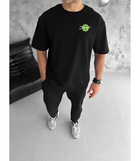 Unisex Bisiklet Yaka Baskılı Oversize T-Shirt - Siyah