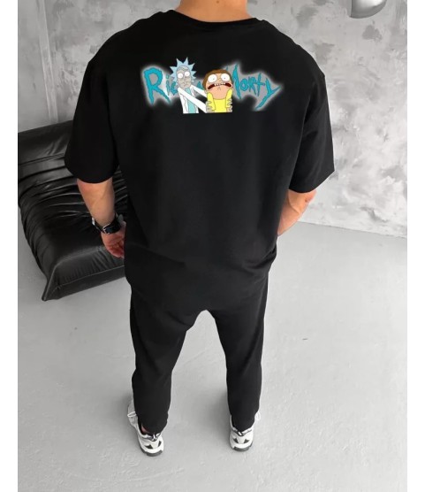 Unisex Bisiklet Yaka Baskılı Oversize T-Shirt - Siyah
