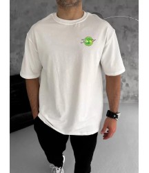 Unisex Bisiklet Yaka Baskılı Oversize T-Shirt - Beyaz