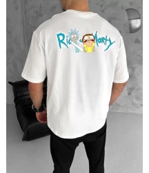 Unisex Bisiklet Yaka Baskılı Oversize T-Shirt - Beyaz