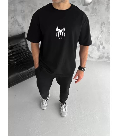 Unisex Bisiklet Yaka Baskılı Oversize T-Shirt - Siyah