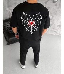 Unisex Bisiklet Yaka Baskılı Oversize T-Shirt - Siyah