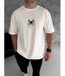 Unisex Bisiklet Yaka Baskılı Oversize T-Shirt - Beyaz