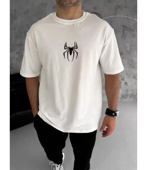 Unisex Bisiklet Yaka Baskılı Oversize T-Shirt - Beyaz