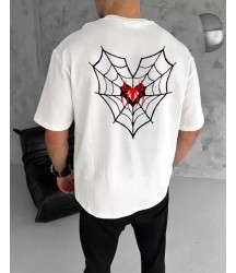 Unisex Bisiklet Yaka Baskılı Oversize T-Shirt - Beyaz