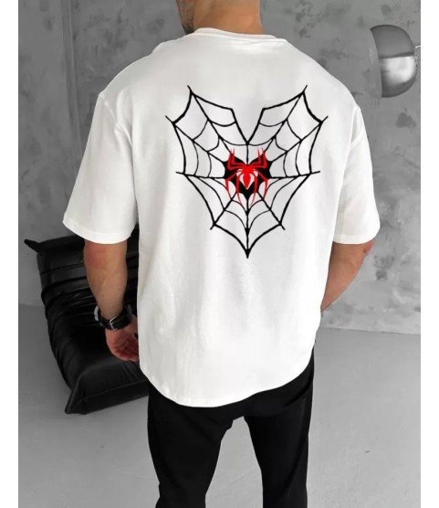 Unisex Bisiklet Yaka Baskılı Oversize T-Shirt - Beyaz
