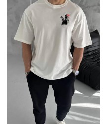 Unisex Bisiklet Yaka Baskılı Oversize T-Shirt - Beyaz
