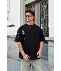 Unisex Bisiklet Yaka Baskılı Oversize T-Shirt - Siyah