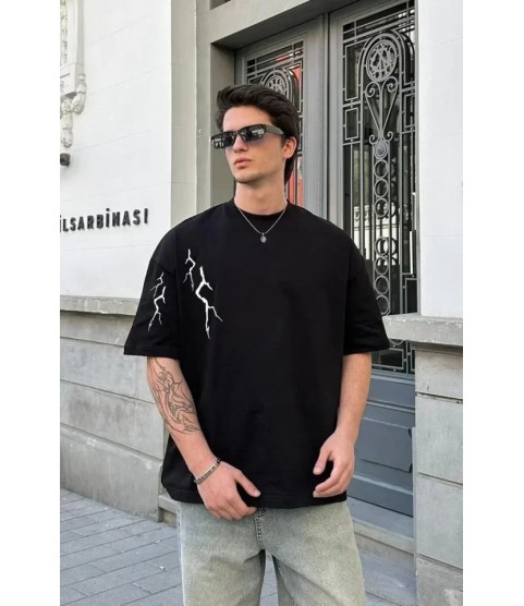 Unisex Bisiklet Yaka Baskılı Oversize T-Shirt - Siyah