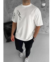 Unisex Bisiklet Yaka Baskılı Oversize T-Shirt - Beyaz