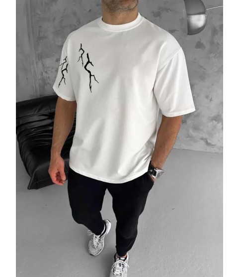 Unisex Bisiklet Yaka Baskılı Oversize T-Shirt - Beyaz