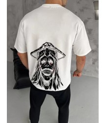 Unisex Bisiklet Yaka Baskılı Oversize T-Shirt - Beyaz