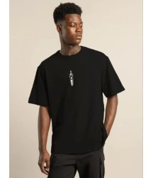 Unisex Bisiklet Yaka Baskılı Oversize T-Shirt - Siyah