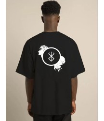 Unisex Bisiklet Yaka Baskılı Oversize T-Shirt - Siyah