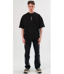 Unisex Bisiklet Yaka Baskılı Oversize T-Shirt - Siyah