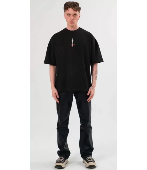 Unisex Bisiklet Yaka Baskılı Oversize T-Shirt - Siyah