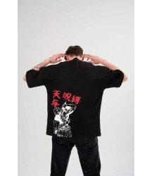 Unisex Bisiklet Yaka Baskılı Oversize T-Shirt - Siyah