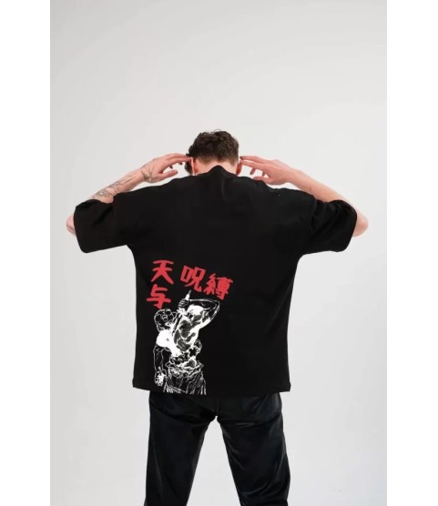 Unisex Bisiklet Yaka Baskılı Oversize T-Shirt - Siyah