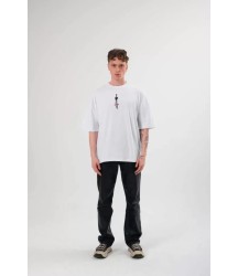 Unisex Bisiklet Yaka Baskılı Oversize T-Shirt - Beyaz