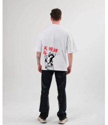 Unisex Bisiklet Yaka Baskılı Oversize T-Shirt - Beyaz